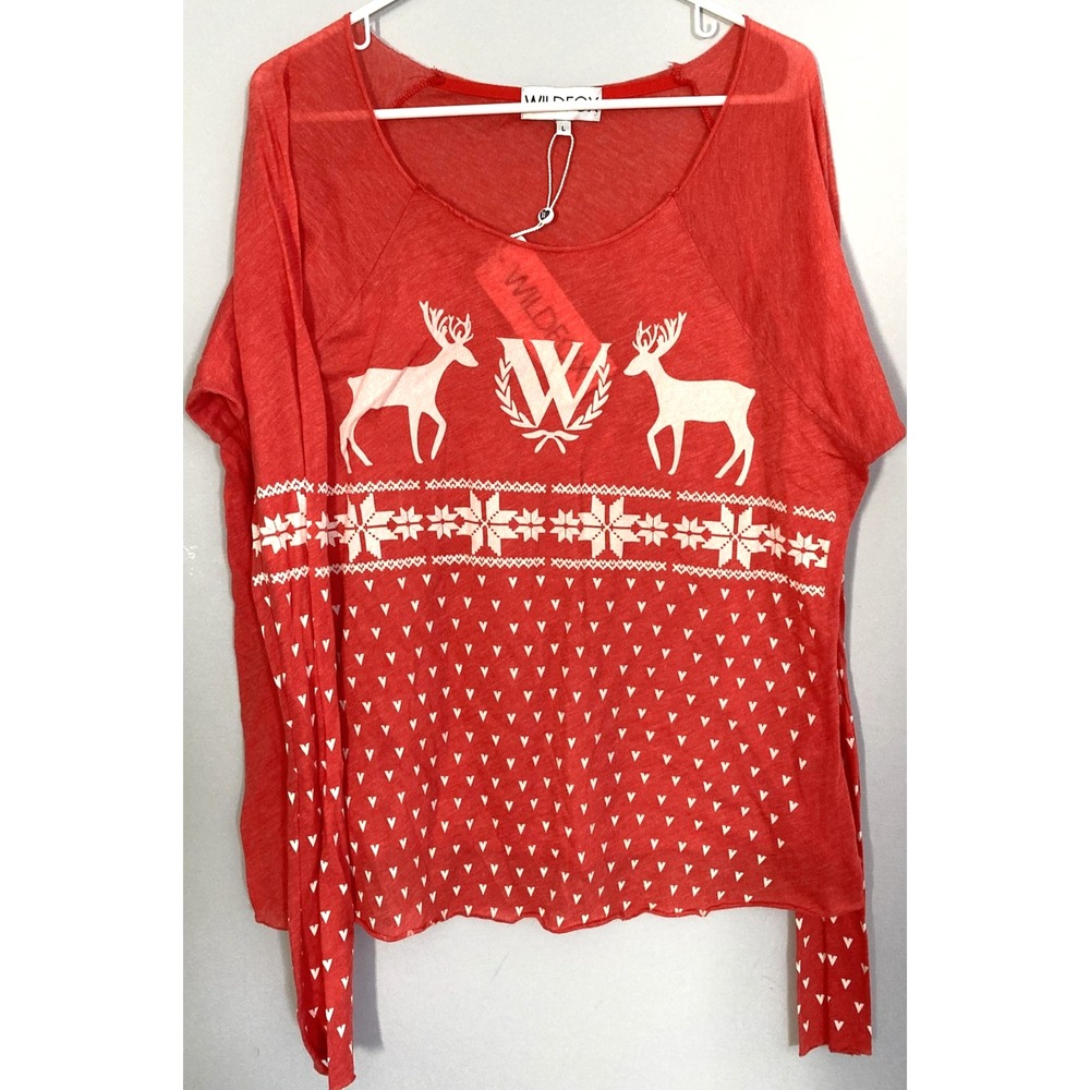 Wildfox Sweater Women L Red Reindeer Fair Isle Christmas Scoop Neck Pullover NWT